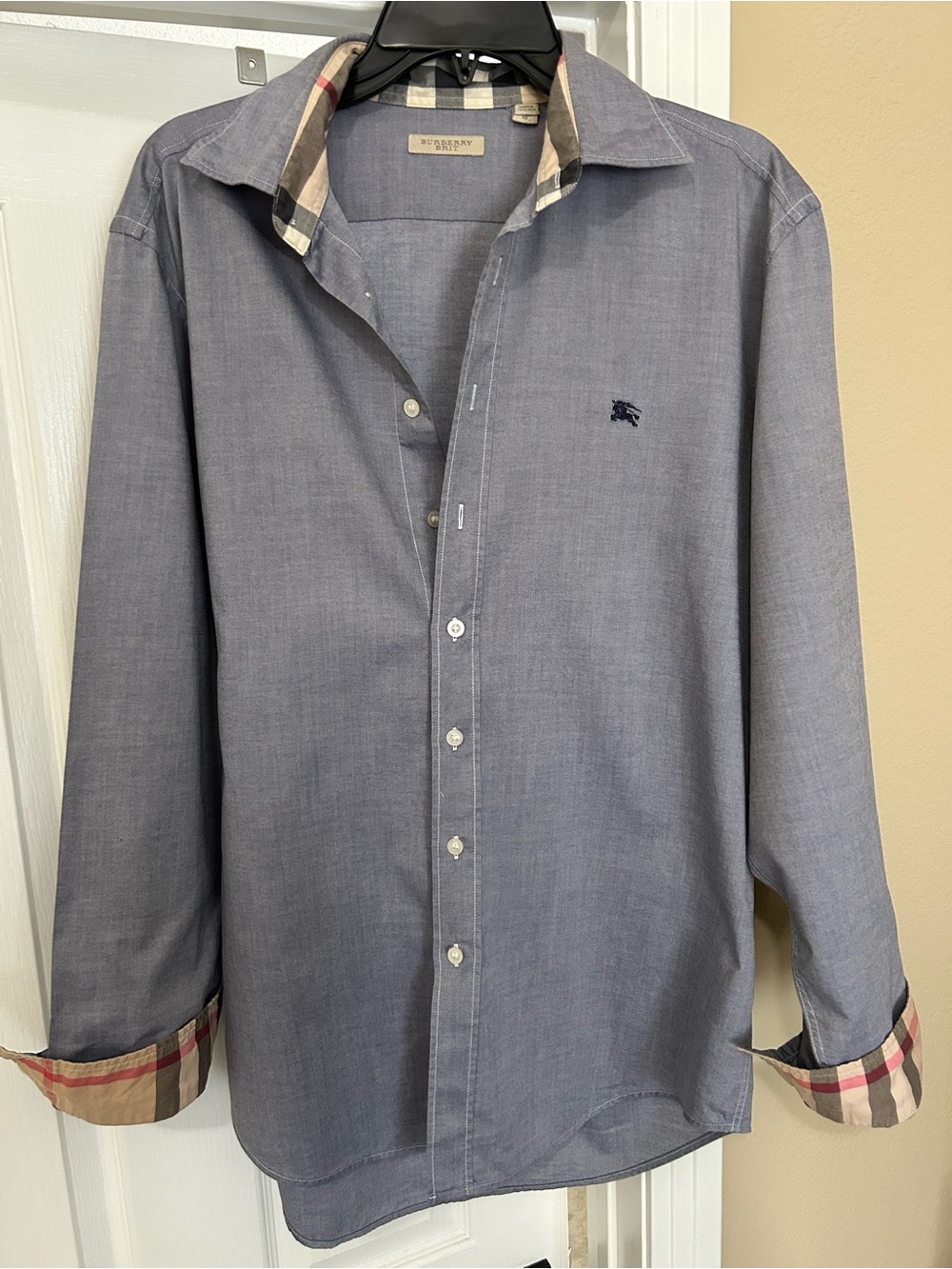 Burberry Men’s Gray-Blue Button-Down Shirt with Signature Check Trim